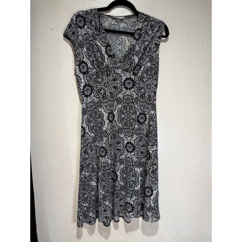 London Times Womens Black White Medallion Lace Print V-Neck A-Line Dress Size 6
